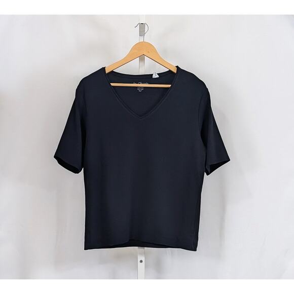 By Chico's Top Black V-Neck Short Cotton Blend Sleeve Misses Size 2 L - Picture 1 of 5